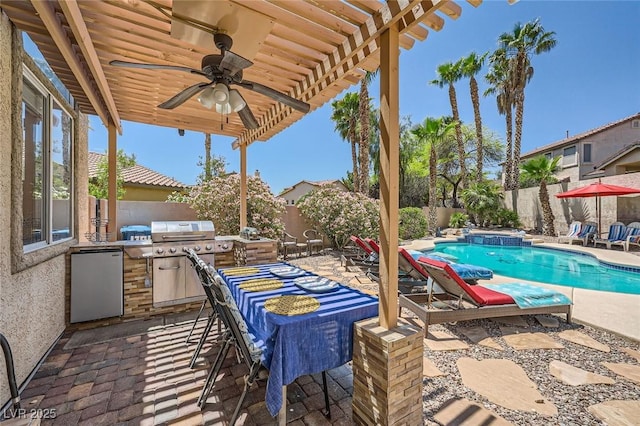 1701 Drifters Peak St, Las Vegas, NV 89144 - fenced backyard with a patio area, a ceiling fan, and an in-ground hot tub