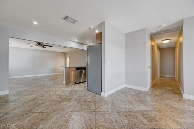 839 Benita Pl, Boulder City, NV 89005 - kitchen featuring stainless steel dishwasher, a ceiling fan, baseboards, recessed lighting, and open floor plan