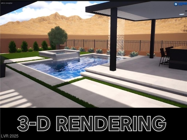 5364 Succulent Rose Dr, Las Vegas, NV 89135 - view of pool featuring a mountain view, a patio, a fenced backyard, and a pool with connected hot tub