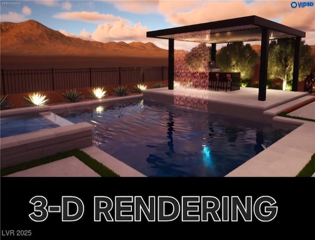 5364 Succulent Rose Dr, Las Vegas, NV 89135 - pool at dusk with a mountain view, a fenced backyard, and a patio