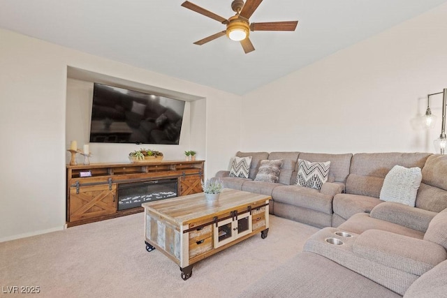1079 Oak Shade Ln, Henderson, NV 89015 - living area with ceiling fan, carpet, baseboards, and lofted ceiling