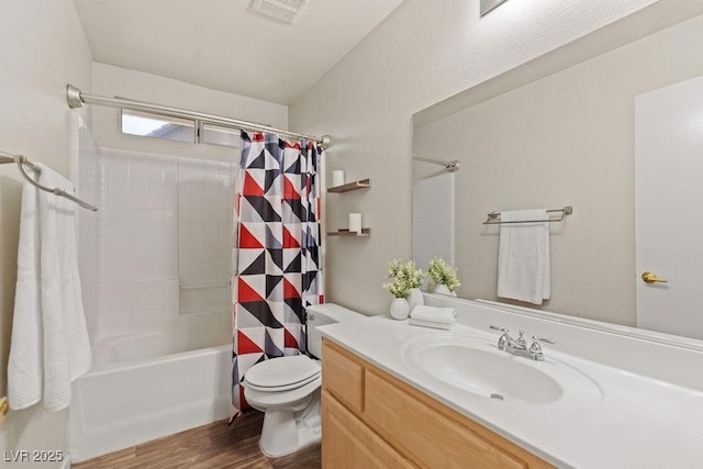 1079 Oak Shade Ln, Henderson, NV 89015 - full bath with vanity, shower / tub combo with curtain, wood finished floors, and toilet