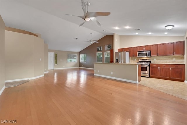 160 Coastal Pier Ct, Henderson, NV 89002 - unfurnished living room featuring ceiling fan, light wood-type flooring, and high vaulted ceiling