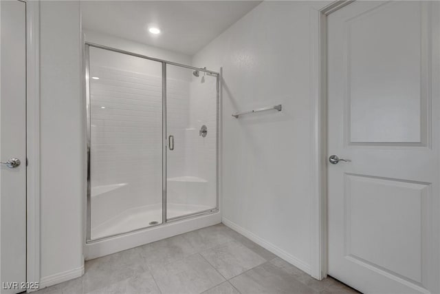 4448 Mahogany Hills Ave, Las Vegas, NV 89141 - bathroom with a shower stall, baseboards, tile patterned floors, and recessed lighting