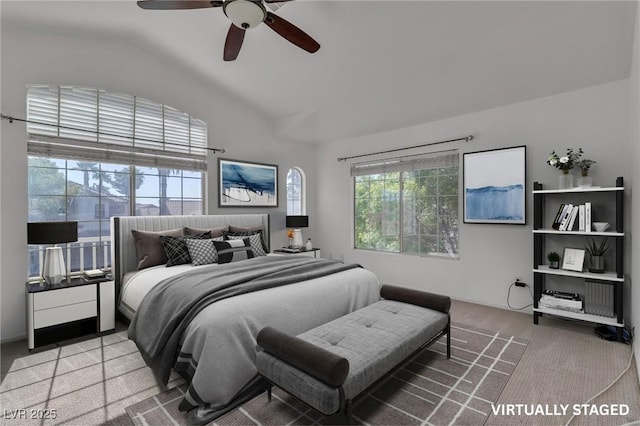 1717 Double Arch Ct, Las Vegas, NV 89128 - carpeted bedroom featuring vaulted ceiling and ceiling fan