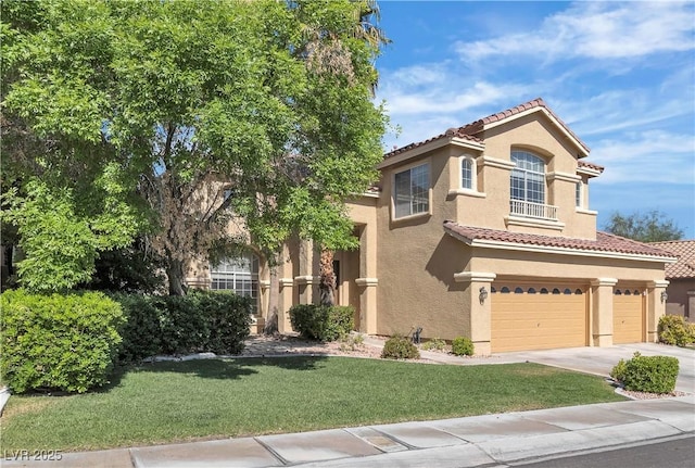 1717 Double Arch Ct, Las Vegas, NV 89128 - mediterranean / spanish-style home featuring stucco siding, a tiled roof, concrete driveway, and a front lawn