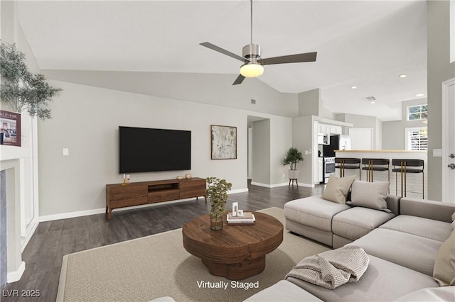 3053 Anchor Chain Dr, Las Vegas, NV 89128 - living area with wood finished floors, ceiling fan, lofted ceiling, baseboards, and recessed lighting
