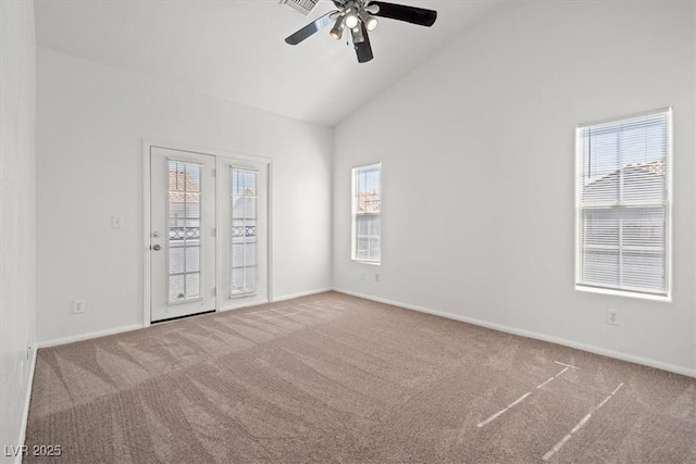 5201 S Torrey Pines Dr Unit 1221, Las Vegas, NV 89118 - empty room with carpet floors, ceiling fan, high vaulted ceiling, and baseboards