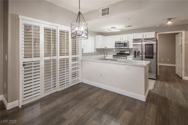 10291 Delta View Ct Unit 101, Las Vegas, NV 89129 - kitchen featuring stainless steel appliances, a sink, a peninsula, white cabinets, and dark wood-style floors