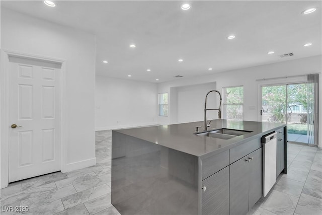 4016 Owlshead Mountain St, Las Vegas, NV 89129 - kitchen with a sink, light marble finish floors, dishwasher, recessed lighting, and a center island with sink