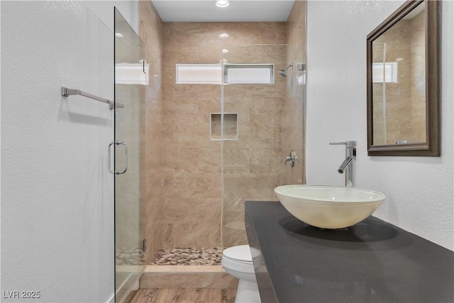 4016 Owlshead Mountain St, Las Vegas, NV 89129 - bathroom with a sink, a shower stall, toilet, wood finished floors, and a textured wall