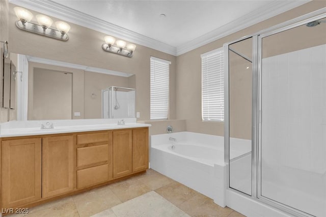 9975 Sand Key St, Las Vegas, NV 89178 - full bathroom with a garden tub, a stall shower, double vanity, and crown molding