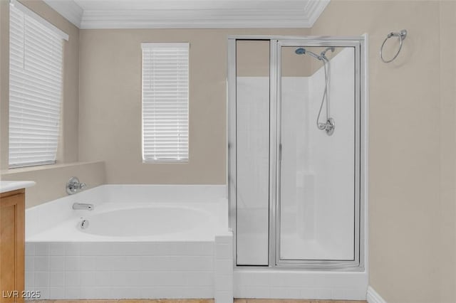 9975 Sand Key St, Las Vegas, NV 89178 - full bath featuring a shower stall, ornamental molding, a bath, and vanity