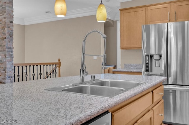 9975 Sand Key St, Las Vegas, NV 89178 - kitchen with stainless steel fridge with ice dispenser, crown molding, decorative light fixtures, and light brown cabinets