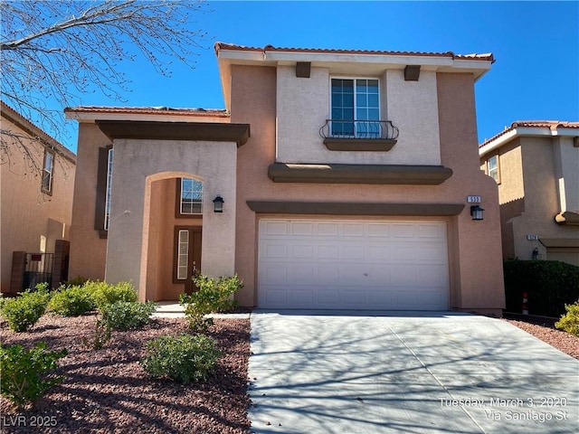 533 Via Santiago St, Las Vegas, NV 89144 - mediterranean / spanish house with a garage, a tiled roof, driveway, and stucco siding