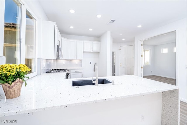669 Elliot Peak Ave, Las Vegas, NV 89183 - kitchen featuring a sink, stainless steel microwave, range, light stone counters, and a peninsula