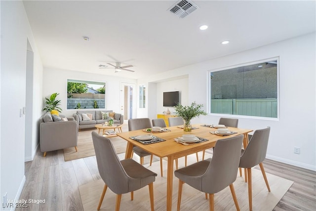 669 Elliot Peak Ave, Las Vegas, NV 89183 - dining area featuring light wood-style floors, a ceiling fan, baseboards, and recessed lighting