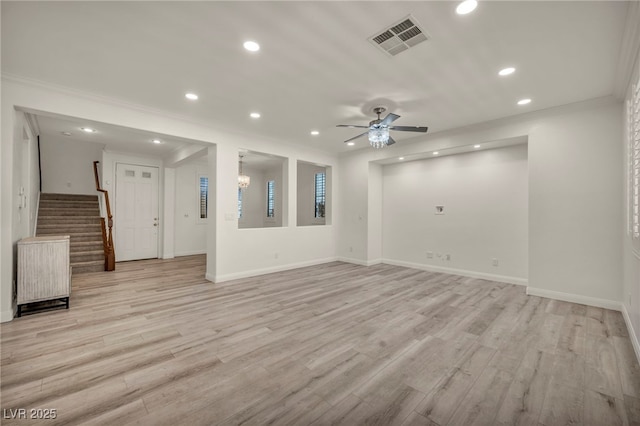 5553 Coral Gate St, Las Vegas, NV 89148 - unfurnished living room with recessed lighting, ceiling fan, baseboards, stairs, and light wood-type flooring