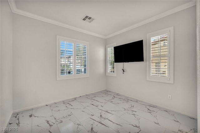5553 Coral Gate St, Las Vegas, NV 89148 - unfurnished room featuring marble look tiles, baseboards, healthy amount of natural light, and crown molding