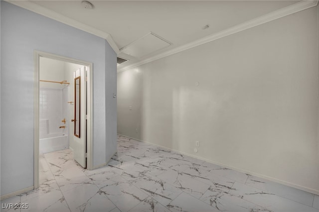 5553 Coral Gate St, Las Vegas, NV 89148 - unfurnished room with crown molding, light marble finish floors, a smoke detector, baseboards, and attic access