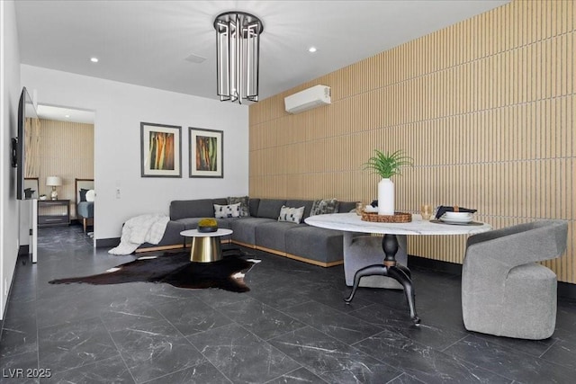 38 Skybird Ct, Las Vegas, NV 89135 - living room with a wall unit AC, marble look tile flooring, and recessed lighting