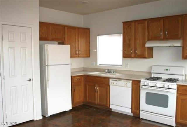 9402 Crimson Sky St, Las Vegas, NV 89178 - kitchen featuring white appliances, ventilation hood, a sink, and brown cabinetry