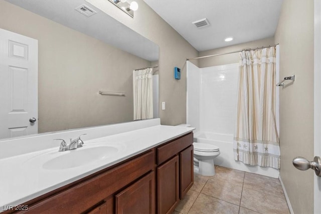 8925 Kenzie Cove St, Las Vegas, NV 89131 - bathroom featuring vanity, shower / tub combo with curtain, toilet, tile patterned flooring, and baseboards