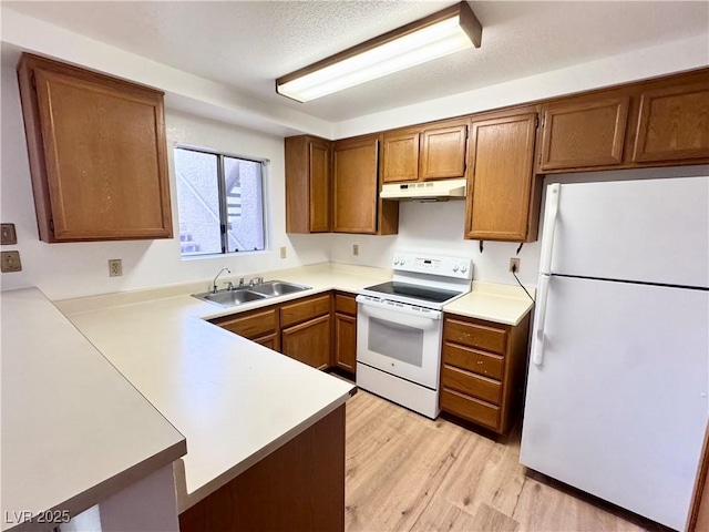 2160 Highpointe Dr Unit 102, Laughlin, NV 89029 - kitchen with white appliances, a sink, under cabinet range hood, brown cabinetry, and a peninsula