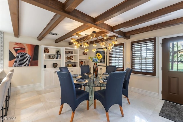2845 Queens Courtyard Dr, Las Vegas, NV 89109 - dining space with a chandelier, baseboards, and beam ceiling