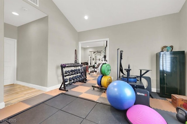 1813 Skyline Dr, Las Vegas, NV 89117 - exercise room featuring baseboards, lofted ceiling, and recessed lighting