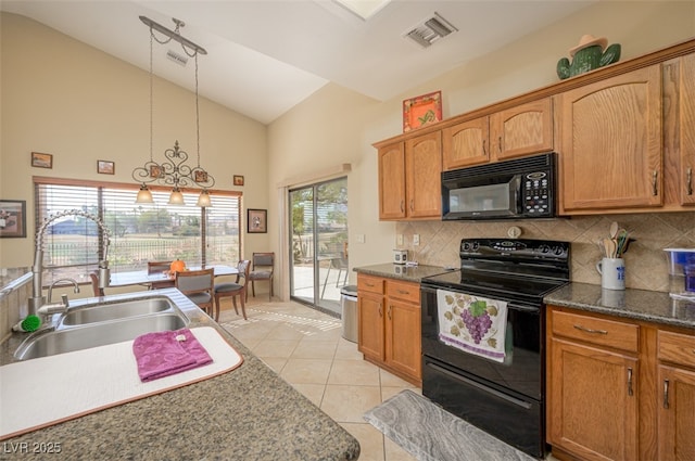 1441 Palm Dr, Laughlin, NV 89029 - kitchen featuring black appliances, a sink, high vaulted ceiling, light tile patterned floors, and tasteful backsplash