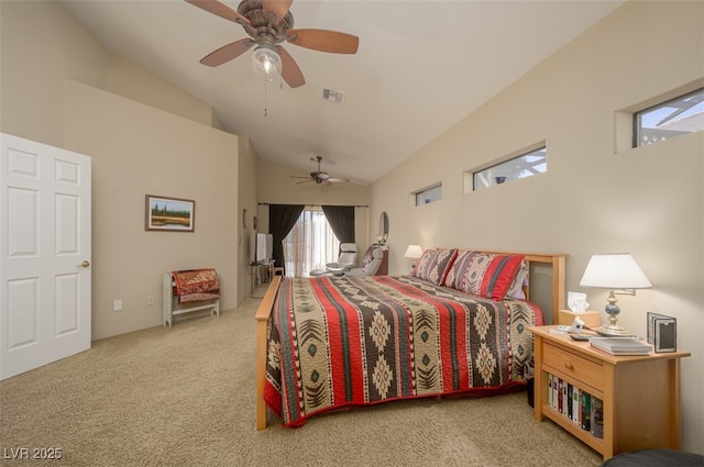 1441 Palm Dr, Laughlin, NV 89029 - carpeted bedroom with high vaulted ceiling and a ceiling fan