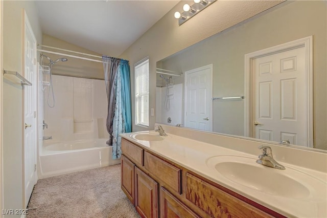 5552 Dueces Wild Ct Unit 101, Las Vegas, NV 89122 - bathroom with shower / bath combo, lofted ceiling, and double vanity