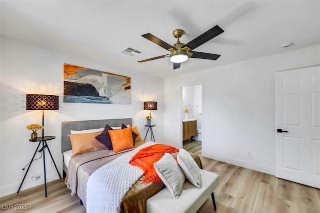 9078 Hilverson Ave, Las Vegas, NV 89148 - bedroom with wood finished floors, baseboards, a ceiling fan, and ensuite bathroom