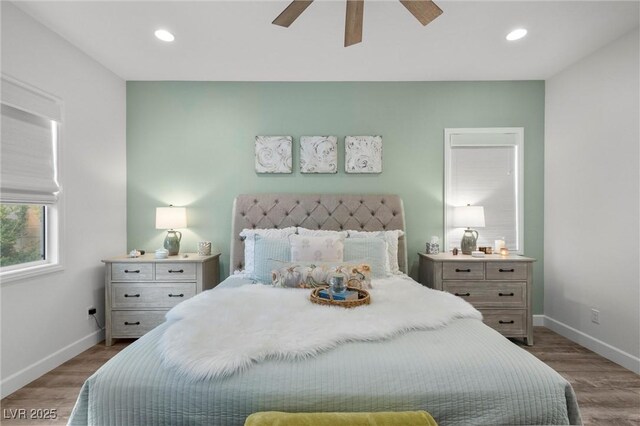 8705 Fordster St, Las Vegas, NV 89166 - bedroom with baseboards, wood finished floors, recessed lighting, and ceiling fan