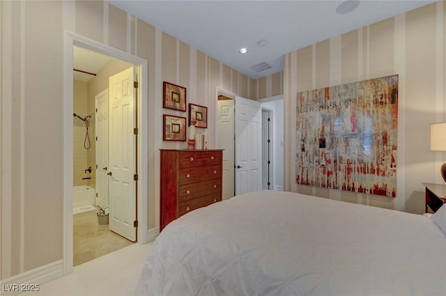 748 Puerto Real Ct, Las Vegas, NV 89138 - bedroom with wallpapered walls, baseboards, recessed lighting, ensuite bathroom, and carpet