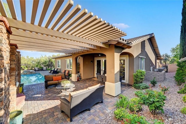 748 Puerto Real Ct, Las Vegas, NV 89138 - view of patio with outdoor lounge area, an outdoor pool, a pergola, and french doors