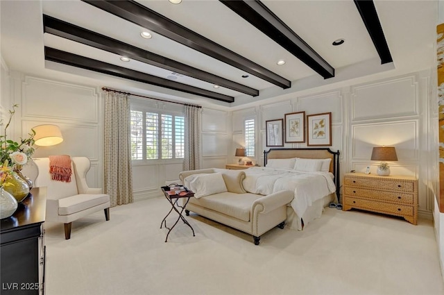 748 Puerto Real Ct, Las Vegas, NV 89138 - bedroom with a decorative wall, carpet flooring, beamed ceiling, and recessed lighting