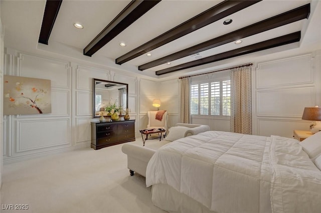 748 Puerto Real Ct, Las Vegas, NV 89138 - bedroom featuring a decorative wall, beamed ceiling, carpet floors, and recessed lighting