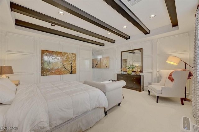 748 Puerto Real Ct, Las Vegas, NV 89138 - carpeted bedroom featuring a decorative wall, beamed ceiling, and recessed lighting