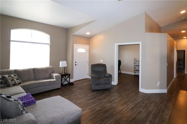 878 Samoy St, Las Vegas, NV 89110 - living room with dark wood-style flooring, baseboards, lofted ceiling, and recessed lighting