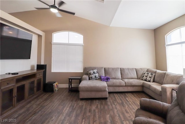 878 Samoy St, Las Vegas, NV 89110 - living area with a ceiling fan, dark wood-style flooring, baseboards, and vaulted ceiling