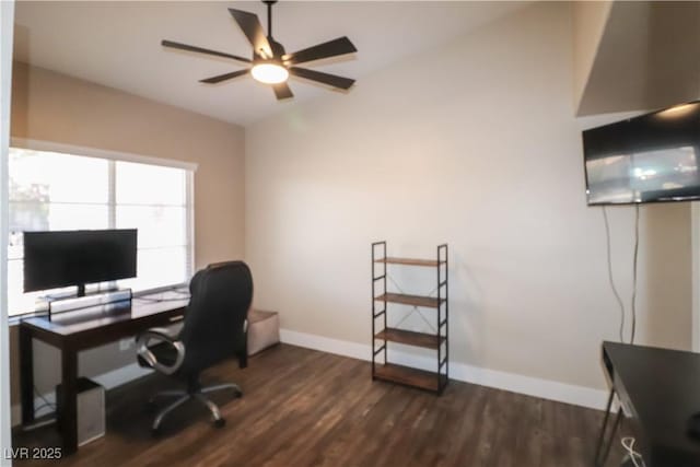878 Samoy St, Las Vegas, NV 89110 - home office featuring dark wood-type flooring, baseboards, and a ceiling fan