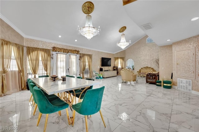 2131 Diamond Bar Dr, Las Vegas, NV 89117 - dining room featuring a chandelier, light marble finish flooring, and ornamental molding