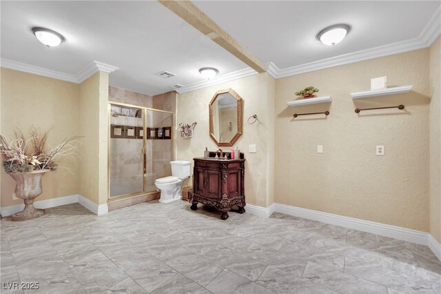 2131 Diamond Bar Dr, Las Vegas, NV 89117 - full bath featuring toilet, vanity, crown molding, a shower stall, and baseboards