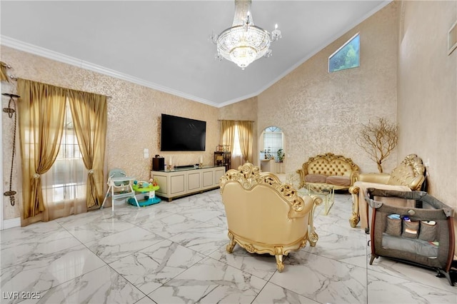 2131 Diamond Bar Dr, Las Vegas, NV 89117 - living area with a chandelier, crown molding, light marble finish floors, and a textured wall
