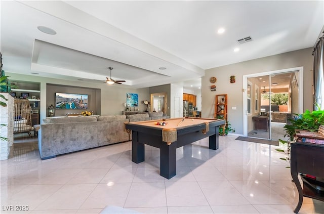5872 Revital Ct, Las Vegas, NV 89131 - playroom featuring pool table, a tray ceiling, light tile patterned flooring, ceiling fan, and baseboards