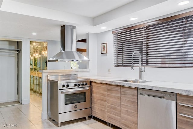 945 Vegas Valley Dr, Las Vegas, NV 89109 - kitchen with appliances with stainless steel finishes, island range hood, a sink, recessed lighting, and light tile patterned flooring