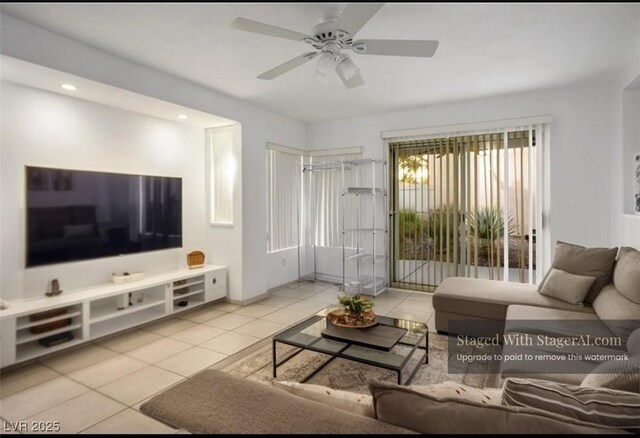 3331 Cheltenham St, Las Vegas, NV 89129 - living room with light tile patterned flooring, ceiling fan, recessed lighting, and baseboards