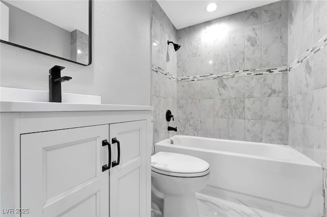 5453 Yvonne Cir, Las Vegas, NV 89122 - full bathroom featuring vanity, bathing tub / shower combination, recessed lighting, a textured wall, and marble finish floors